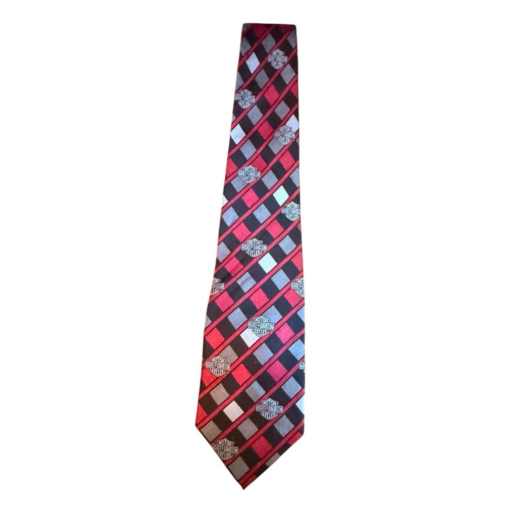 Harley Davidson Mens Silk Tie Red Black Grey Plaid Logo Ralph Marlin USA Made